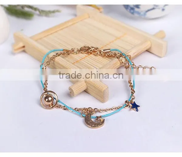 Star Moon Planet Tiny Rhinestone Charms Bracelet Double Layer Cotton Cord Gold Chain Bracelet photo-6