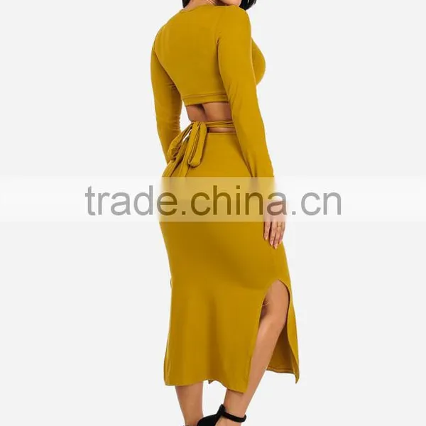 Suppliers Bulk Apparel Spring Women Dresses Sexy Mustard Two Piece Long Sleeve Knee Length Bodycon Midi Dress Set photo-3