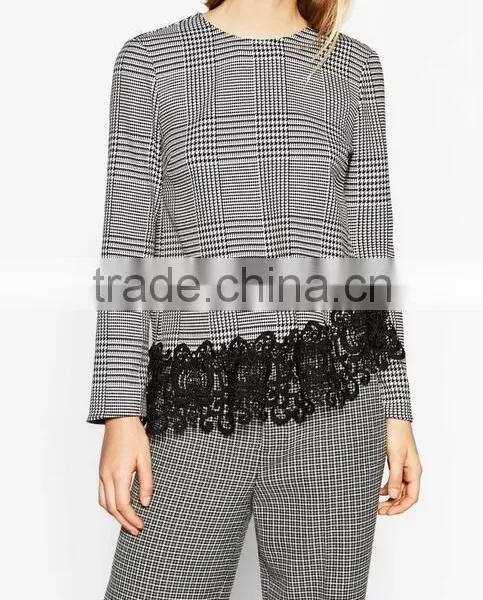 Runwaylover EY2378B Ladies 2017 Fashion Lace Splice Plaid Blouse photo-4