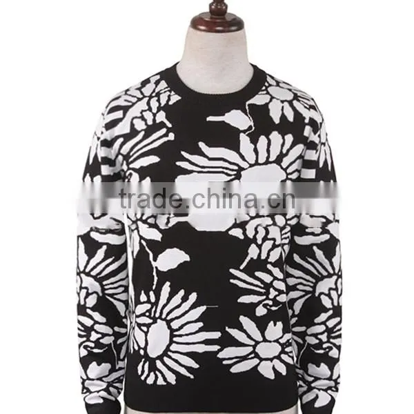 Jacquard Allover Flower Patterns Crew Neck Men Pullover Sweater photo-3