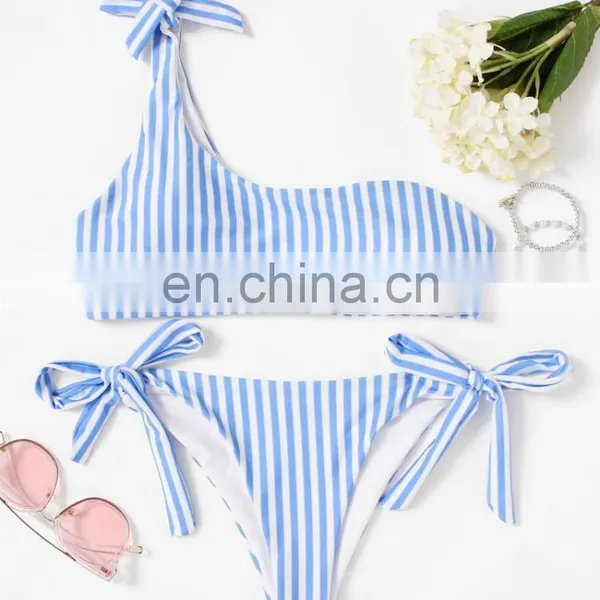 Tie Side One Shoulder Striped Bikini Set photo-3