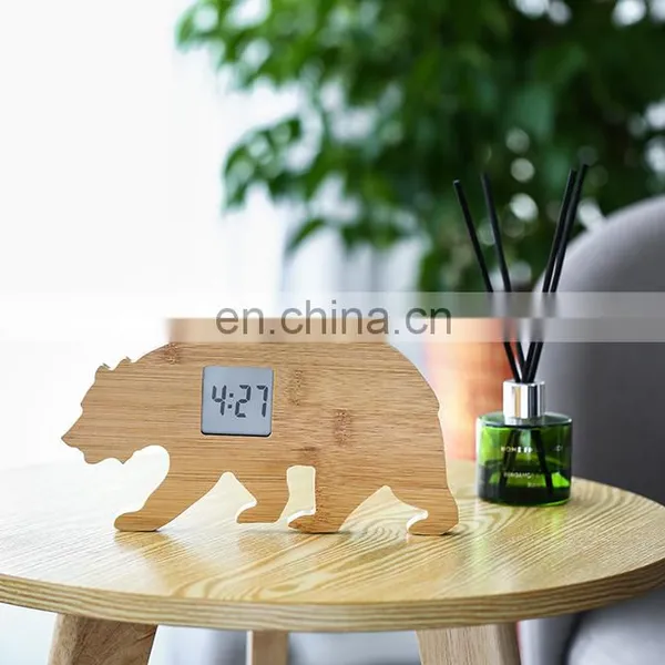Bedroom Calendar Alarm Clock LED Digit Bear Shaped LED Bamboo Digital Alarm Clock photo-2