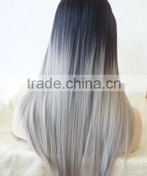 High Quality Heat Resiatant Fiber Lace Front Straight Grey Ombre Hair Synthetic Wig photo-4
