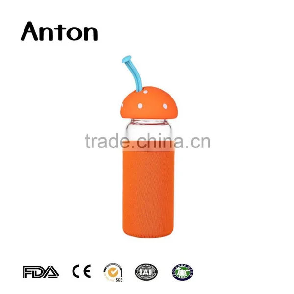 13oz Clear Round Empty Glass Water New Design Glass Water Bottle With Mushroom Shape Lid photo-2