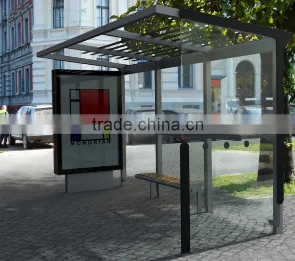 Aluminum Outdoor Bus Stop Shelter With LED Light Box & Waiting Chair for City Street Construction