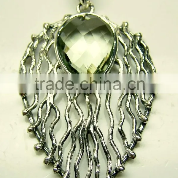 Green Amethyst Pear Oxidised Facet Pendant, 925 Solid Sterling Silver Pendants, Designer Bezel Casting Pendant photo-2