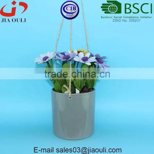 Glazed Grey Hemp Rope Hanging Ceramic Planter Pot photo-4