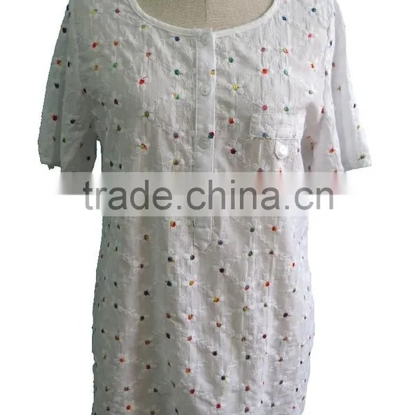 Multi-Color Coloful Floral Hand Embroidery Designs Round Collar Short Sleeve With Front Tube Blouse Tunic Dress