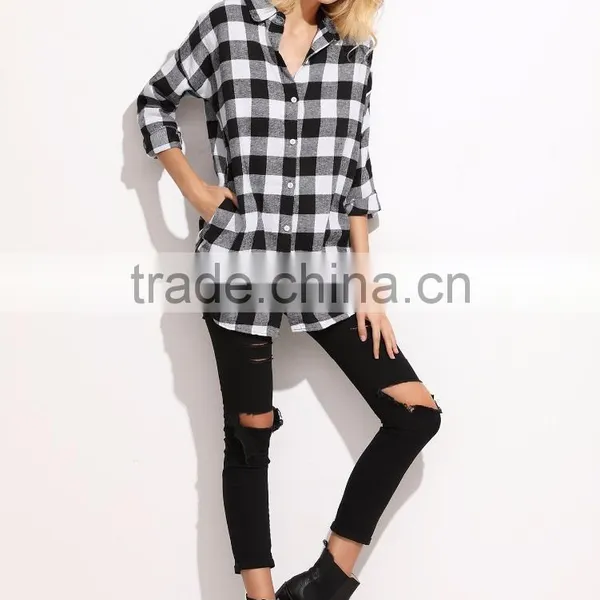 Check Plaid Drop Shoulder Shirt Black and White Cotton Blend Long Sleeve Casual Button Women Shirt photo-5