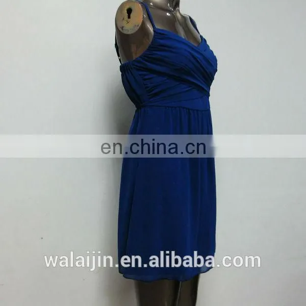 High Quality Low Neckline Spaghetti Strap Pleated Bust Ladies Royal Blue Dress photo-3