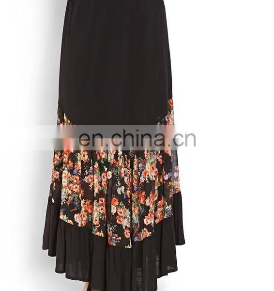 Long Skirt Classic Latest Skirt Design of Long Skirt Black Chiffon Floral Print Lady Maxi Skirt