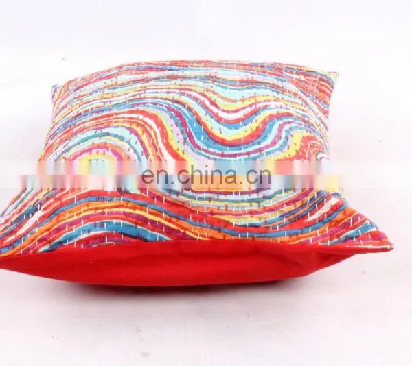 Red Stripe Kantha Cushion Cover Indian Cotton Handmade Kantha Throw Pillow Cover Hande Quilted Decorative Cushion Cover Art photo-3