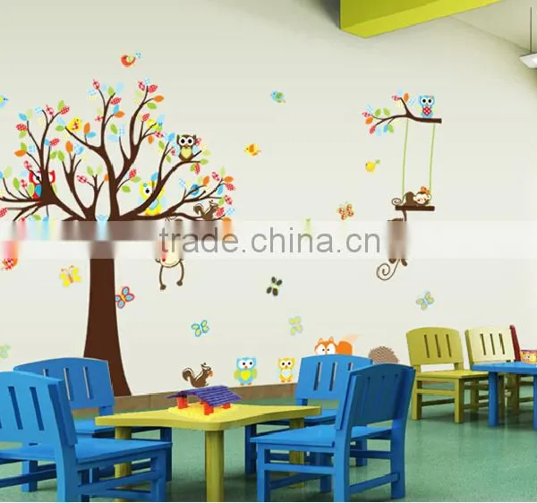 Jungle Zoo Animal Girafee, Elephant, Lion, Zebra and Monkey Having Party on Tree Monkey Wall Decal Owl Zoo Wall Decal photo-3