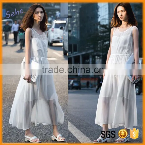 High Quality Solid Color White Chiffon Maxi Long Dress Summer