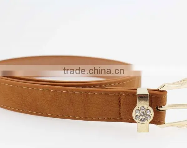 Women's Plain Brown PU Leather Belt With Rhinestone Buckle photo-3