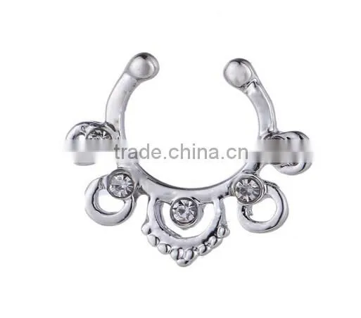 Crystal Gems Clip On Fake Septum Clicker Non Piercing Nose Ring Hoop photo-2