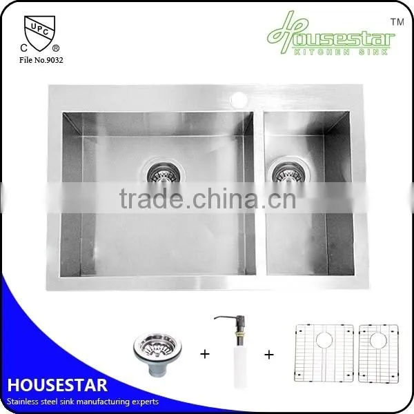 R3318 CUPC Approved Undermount Double Bowl Handmade Stainless Steel Kitchen Wash Sink With Brush Finish photo-2