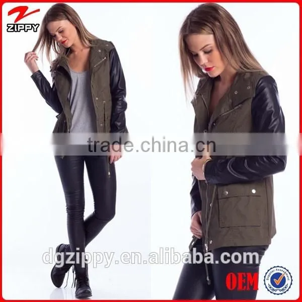 Fashion PU Sleeve Khaki Color Winter Parka Coats for Girls