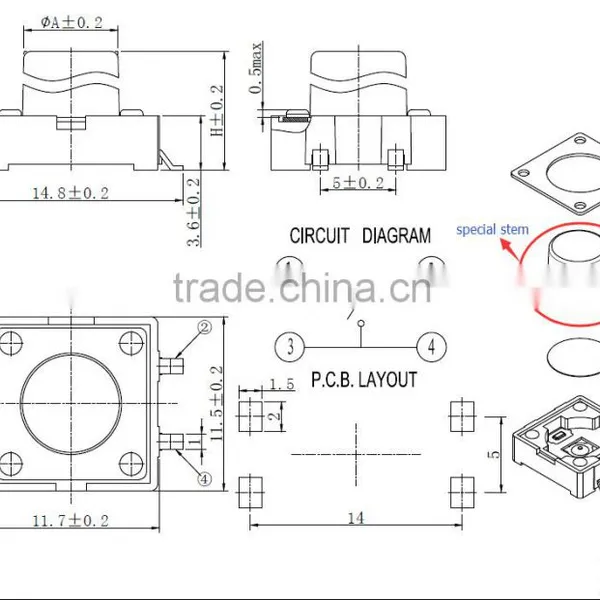12X12 SMD Tact Switch With Special Stem, Pushbutton Switch, Tactile Switch photo-2