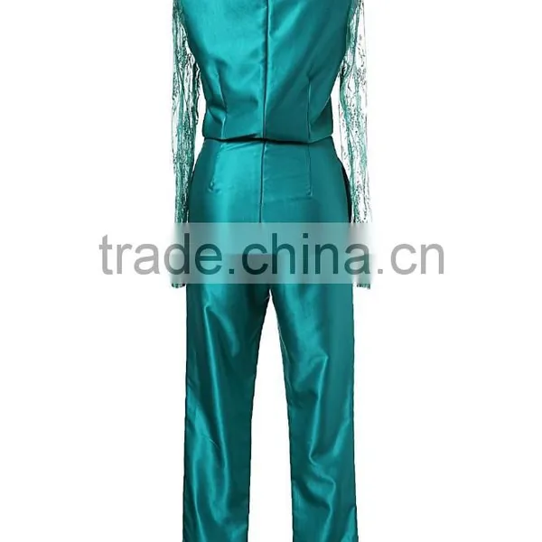 Autumn Round Neck Embroidered Mesh Patched Long Sleeve High Empire Pleated Women Jumpsuit photo-3