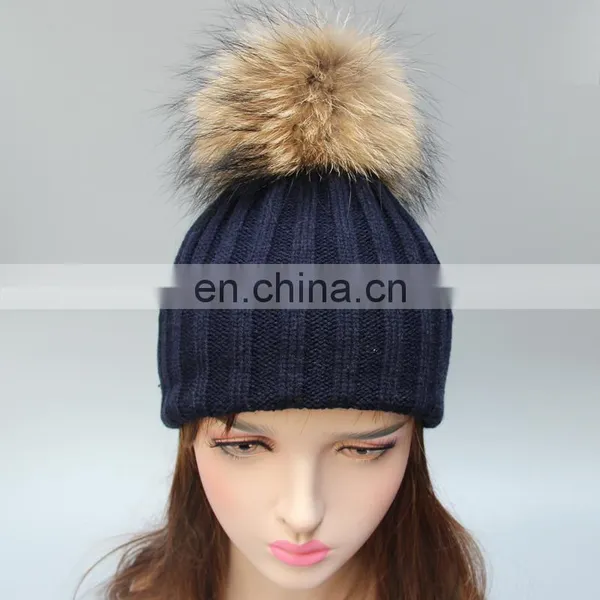 Fluffy Large Fur Pompom Hats Real Raccoon Fur Knitted Hats Wholesale Winter Hats photo-2