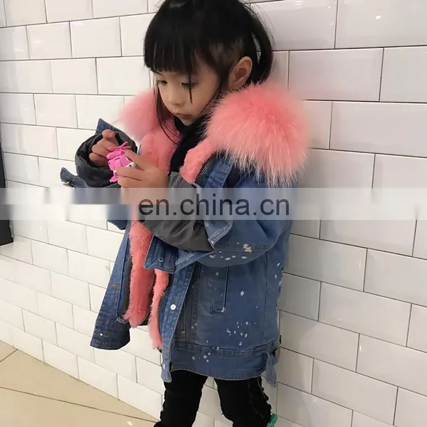 Fashion Casual Denim Jacket Raccoon Fur Collar Real Rabbit Fur Lining Cute Child Coat photo-5