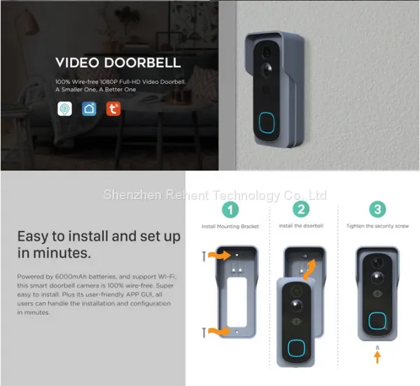 REHENT Tuya Battery Power Smart Wifi Doorbell Camera Two Way Audio Talk Night Visionc Video Door Bell 1080P photo-4