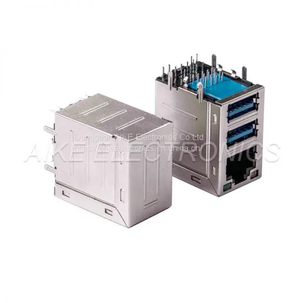 Соединитель RJ45 самка 8P8C, язычок вверх, тип DIP, с корпусом и светодиодом + двойной соединитель