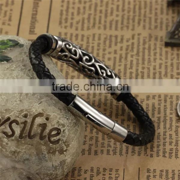 Fashion Mens Jewelry Customrized Logo Stainless Steel Beads Leather Bracelet photo-3
