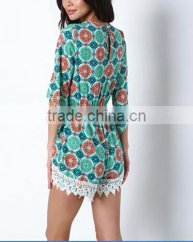 Summer Deep V-neck Back With One Button Fruity Green Crochet Plunge Crepe Romper Short Print Sexy Jumpsuit photo-4