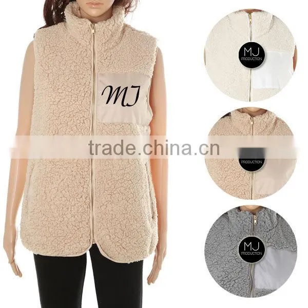 LOW MOQ Wholesale Women Winter Full Zipper Monogrammed Sherpa Vest With Patch photo-3