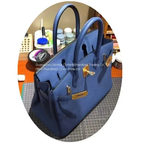 Royal Blue Malachite Green Platinum Bag Genuine Leather Bag Lychee Grain Leather Handbag 25cm photo-3