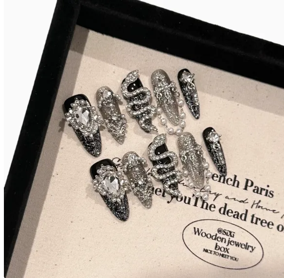 High-End Press-On Almond Nails Heavy Diamond Decoration Dark Bow Black Red Color Matching for Finger photo-3
