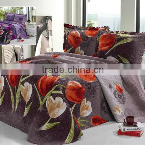 3 Pcs Gorgeous Sanded Quilt Bed Set Flower Design In Grey White Red Color photo-1