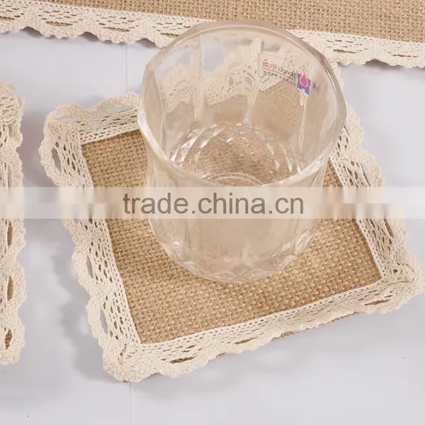 Square Crochet Coasters With Lace Trims,hot Burlap Fabric Crochet Doilies photo-2