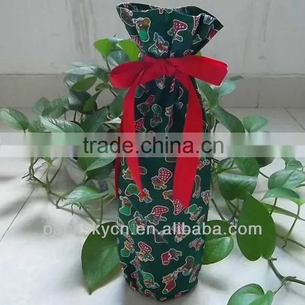 Green Cotton Bag With Red Drawstring Wine Bag