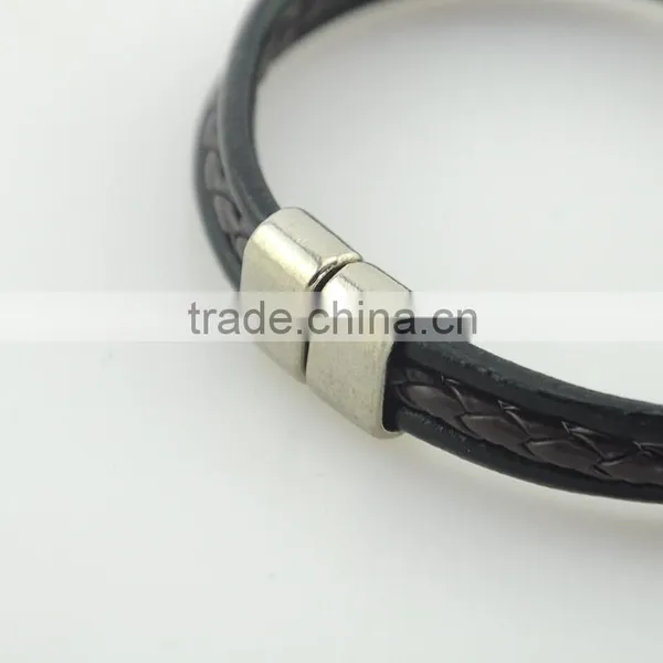 Factory Men Bangle Metal Black Leather Rope Bracelet photo-3