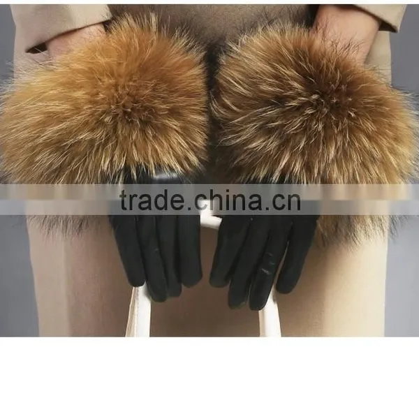 Women Girls Winter Plush Raccoon Fur Leather Mitten Gloves Warm Driving Gift photo-4