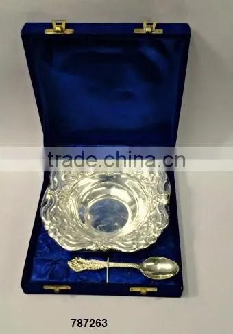 Corporate Gift Brass Bowl With Spoon Silver Plated Velvet Box