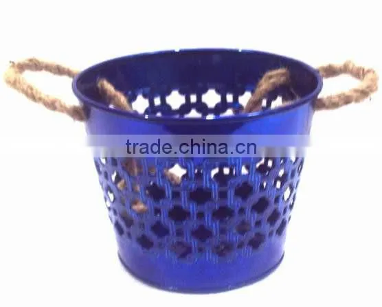 Blue Color Galvanized Metal Planter Pot With Jute Handle for Garden & Home photo-5