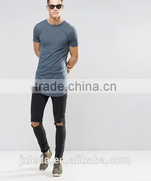 OEM Super Longline Curved Hem Blue Muscle T-shirt / Slim Fit Tight Tee Shirts for Men photo-4