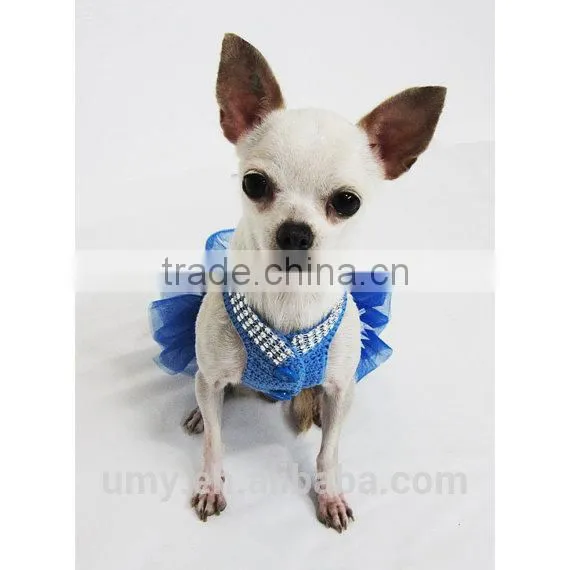 Blue Dog Tutu Dress Crochet Bling-bling Handmade Crocheted Wedding Designer Chihuahua Clothes Cat Costume photo-4