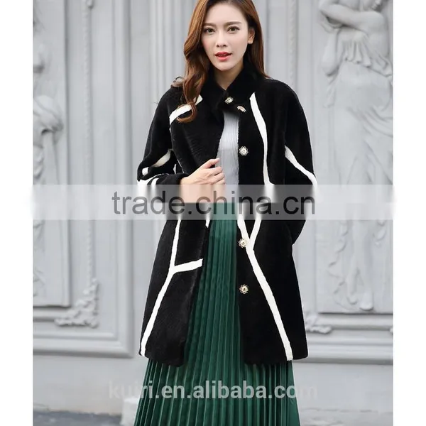 Newest Merino Sheep Shearing Coat Contrast Color Fur One Piece Overcoat Colorant Match Female Medium-long Overcoat photo-3