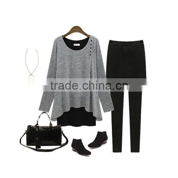 New Design Irregular Two Color Fake Two Pcs Long Sleeve Women Wear Loose T Shirt Water Fall photo-5
