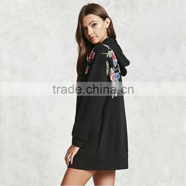 High Quality Windproof Blcak Embroidered Floral Hoodie Womens Long Jackets photo-3