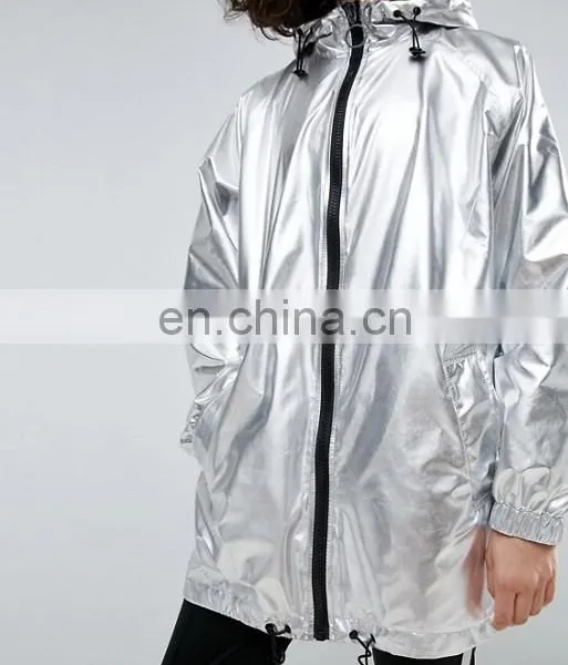 Wholesale Classic Outside Women Nylon Custom Plain Sliver Metallic Long Jacket photo-4