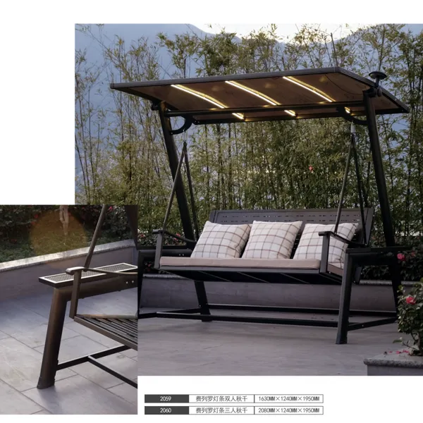 Solar LED Light Metal Outdoor Swing Chair With Sun Canopy, 2/3 Person Patio Glider Swing With Cup Holders & Storage Pocket for Garden, Villa Courtyard photo-3