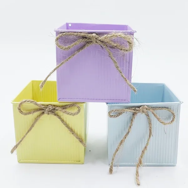 Square Ribbed Metal Planter Pot Set, Pastel Color Iron Flower Box with Jute Rope Bow for Home Table Decor