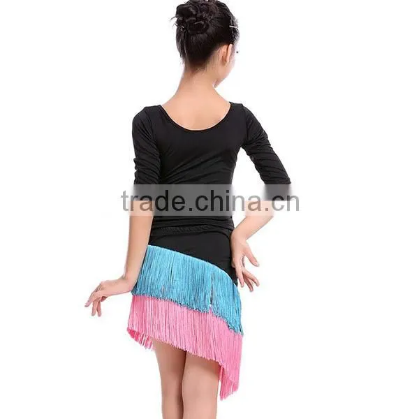 Cheap In-stock High Quality Elegant Children Latin Dance Skirt Long Sleeve + Tassel Kids Latin Dance Dress Wholesale photo-6