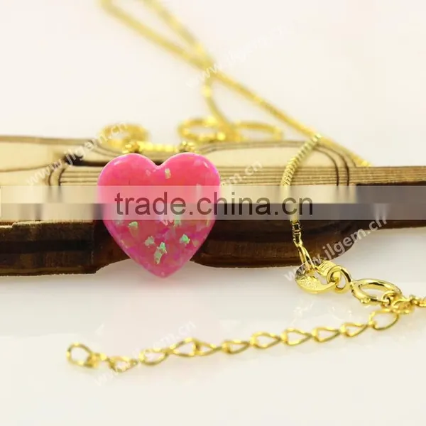 Fashion Synthetic 12mm Pink Heart Opal Stone 18K Gold Plated 925 Silver Necklace Jewelry photo-5